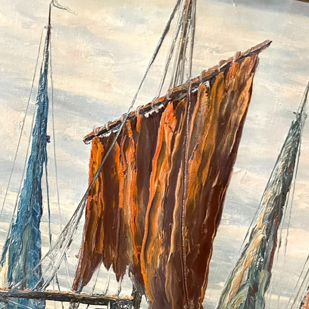 Vintage Nautical Oil Painting on Canvas Signed ROBERTO Sail boats Mid Century - Picture 5 of 12